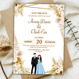 ゴールドとベージュのフラワーモチーフの結婚式招待状 招待状