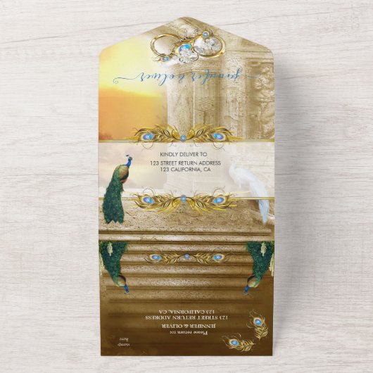 ゴールドとペアの豪華な結婚式の招待状 オールインワン招待状 (外側)