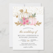 ゴールドとホワイトのかぼちゃ ピンクの花 秋の結婚式 招待状 (正面)
