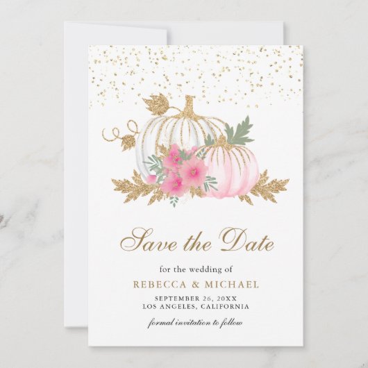 ゴールドとホワイトのカボチャ ピンクの花のウェディングフォト セーブザデート (正面)