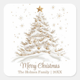 ゴールドとホワイトのクリスマスツリーと家族の名前 スクエアシール