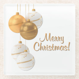 ゴールドとホワイトのクリスマスボール オーダーメイドの文字 ガラスコースター