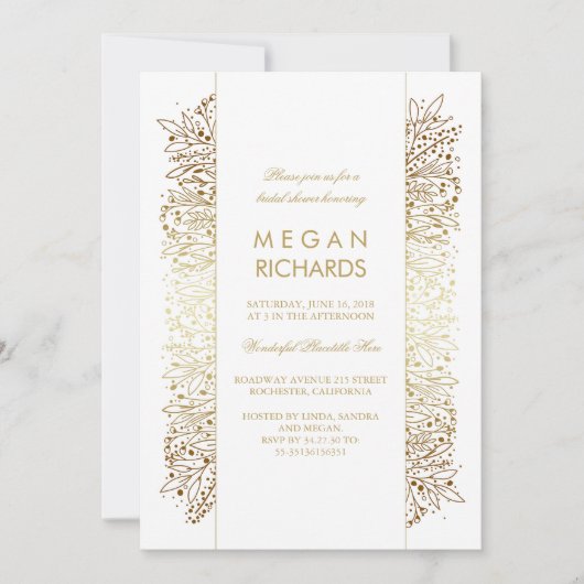 ゴールドとホワイトのフラワーベースのヴィンテージスタイルのウェディングシャワー 招待状 (正面)