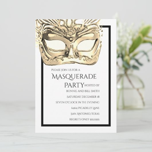 ゴールドとホワイトのマスカレードパーティーの招待状 招待状 (スタンド正面)
