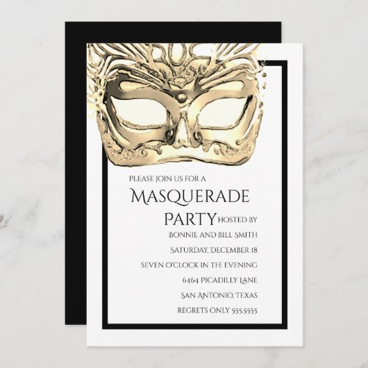 ゴールドとホワイトのマスカレードパーティーの招待状 招待状 (正面/裏面)