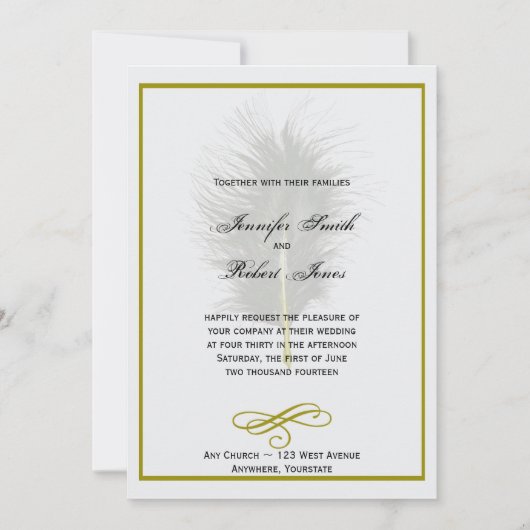 ゴールドとホワイトのマラブー羽毛の結婚式招待状 招待状 (正面)