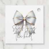 ゴールドとホワイトの弓の結婚前のお祝い フェイバータグ (裏面)