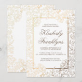 ゴールドとホワイトの花のヴィンテージ ブライダルシャワー 招待状 (正面/裏面)