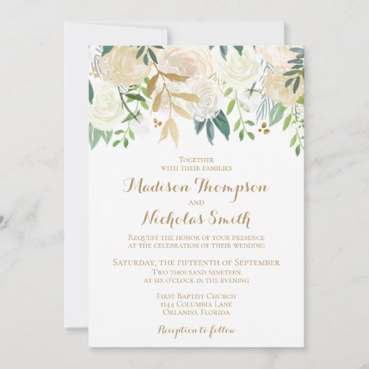 ゴールドとホワイトの花の結婚式招待状カード 招待状 (正面)