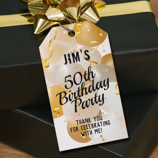 ゴールドとホワイトの風船 誕生日パーティー サンクス ギフトタグ
