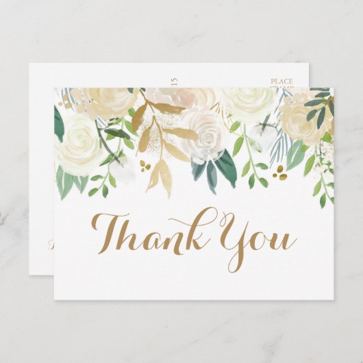 ゴールドとホワイトフラワーの結婚式お礼はがき ポストカード (正面/裏面)