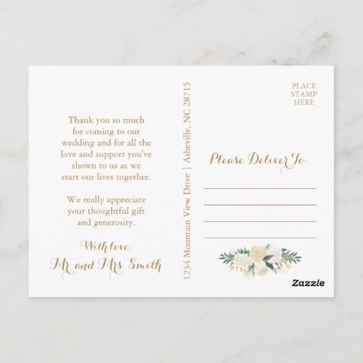 ゴールドとホワイトフラワーの結婚式お礼はがき ポストカード (裏面)