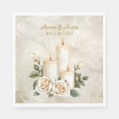 ゴールドとホワイトローズのキャンドルライト スタンダードランチョンナプキン (正面)