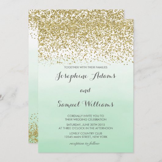 ゴールドとミントグリーンのウェディング 招待状 (正面/裏面)