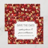ゴールドとレッドのきらびやかなハートでお知らせ セーブザデート (正面/裏面)