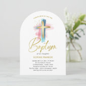 ゴールドと水彩のクロス｜洗礼 招待状 (スタンド正面)