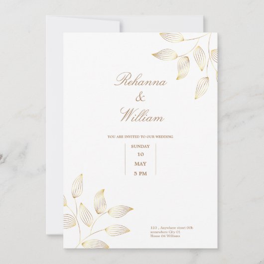 ゴールドと白の花のシンプルでエレガントな結婚式のカード 招待状 (正面)