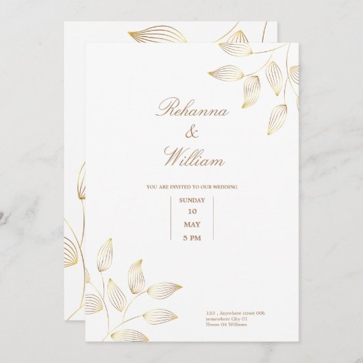 ゴールドと白の花のシンプルでエレガントな結婚式のカード 招待状 (正面/裏面)