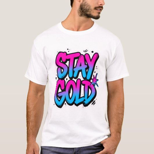 ゴールドに輝くストリート系グラフィティステッカー Tシャツ (正面)