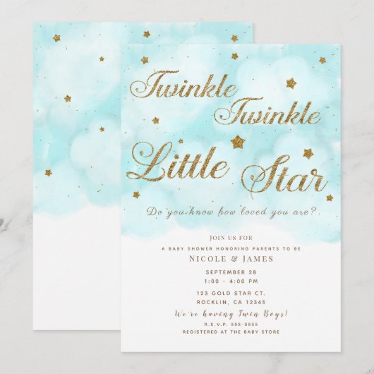 ゴールドのきらきらした星と青い空の雲のベイビーシャワー 招待状 (正面/裏面)