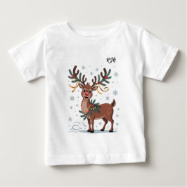ゴールドのアクセントが付いたイニシャルのキュートなルドルフ ベビーTシャツ
