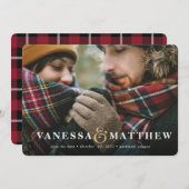 ゴールドのアンパサンド写真を使ったホリデーカードの「Save the Date」 シーズンカード (正面/裏面)