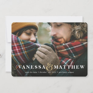 ゴールドのアンパサンド写真を使用したホリデーカードの「Save the Date」 シーズンカード