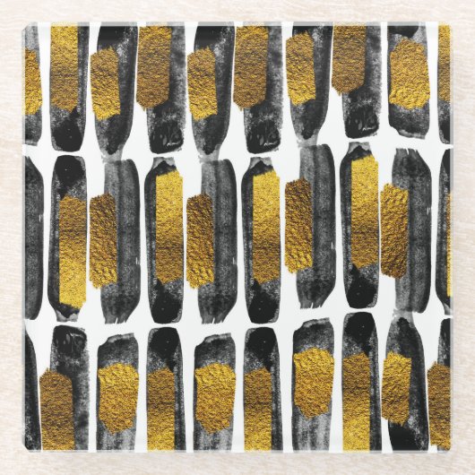 ゴールドのアーティストリー: ブラック & ゴールド アブストラクト ガラスコースター (正面)
