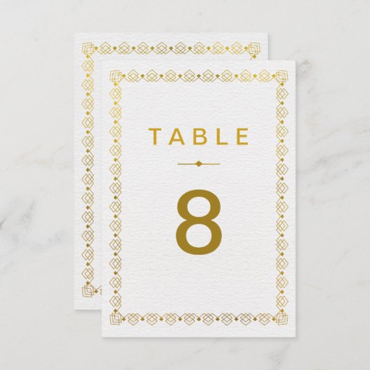 ゴールドのアートデコ ウェディングテーブルナンバーカード 招待状 (正面/裏面)