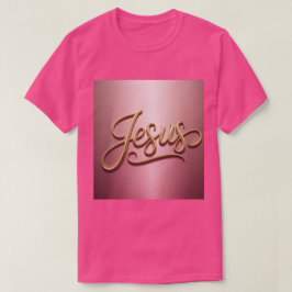 ゴールドのイエス様スクリプト ピンクのベーシックメンズTシャツ Tシャツ