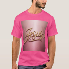 ゴールドのイエス様スクリプト ピンクのベーシックメンズTシャツ Tシャツ