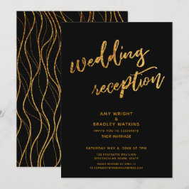 ゴールドのウェーブ & 手書き ブラック ウェディング レセプション 招待状