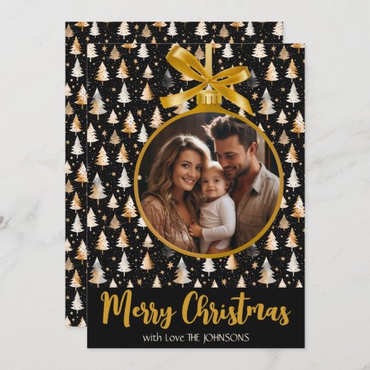 ゴールドのオーナメントが付いたパーソナライズされたクリスマスカード シーズンカード (正面/裏面)