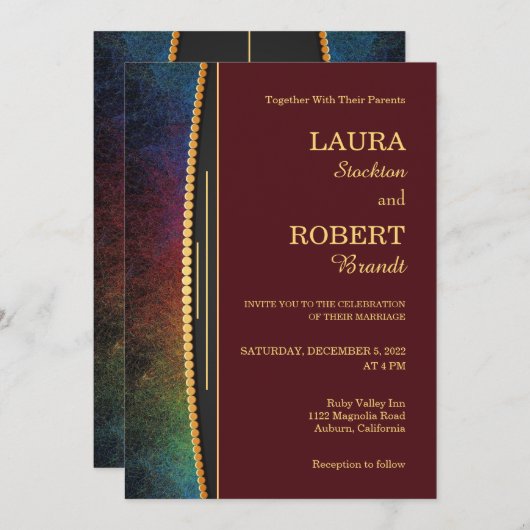 ゴールドのカラフルな枠線が美しい結婚式招待状 招待状 (正面/裏面)