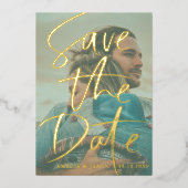 ゴールドのカリグラフィーが華やかなフォト「Save the Date」 箔招待状 (正面)