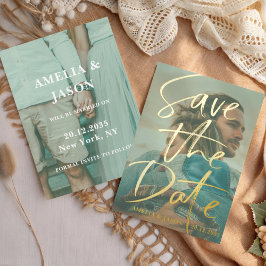 ゴールドのカリグラフィーが華やかなフォト「Save the Date」 箔招待状