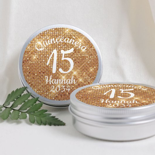 ゴールドのキンセアニェラ ガール 15歳の誕生日 ギフト缶ラベル ラウンドシール
