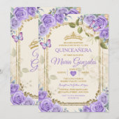 ゴールドのキンセアニエラ 紫のクラウン メキシカン バタフライ 招待状 (正面/裏面)