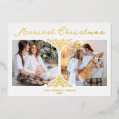ゴールドのクリスマスクラシックフィリグリーオーナメント 2枚の写真 箔招待状 (正面)