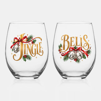 ゴールドのクリスマスタイポグラフィペア「Jingle Bells」 ステムなしワイングラス