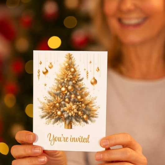 ゴールドのクリスマスツリーが輝くクリスマスパーティーの招待状 招待状