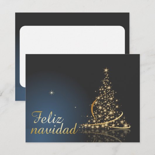 ゴールドのクリスマスツリーが輝くブルーのクリスマスデザイン 招待状 (正面/裏面)