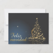 ゴールドのクリスマスツリーが輝くブルーのホリデー デザイン 招待状 (正面)