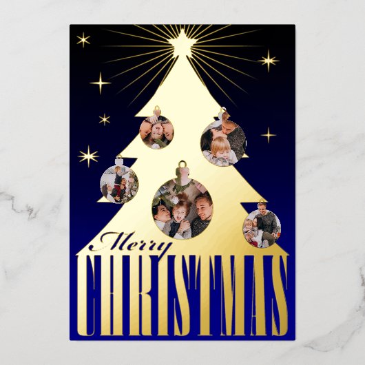 ゴールドのクリスマスツリーとオーナメントの写真 箔シーズンカード (正面)