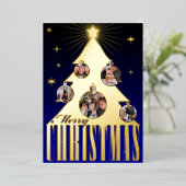 ゴールドのクリスマスツリーとオーナメントの写真 箔シーズンカード (立ち正面)