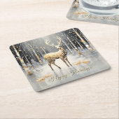 ゴールドのクリスマスツリーのトナカイ ホリデー ペーパーコースター (アングル)