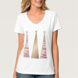 ゴールドのクリスマスツリーのレディースVネックTシャツ Tシャツ