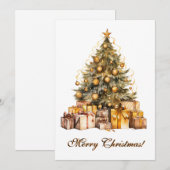 ゴールドのクリスマスツリーの水彩画 シーズンカード (正面/裏面)