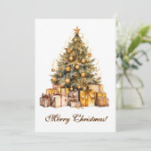 ゴールドのクリスマスツリーの水彩画 シーズンカード (スタンド正面)