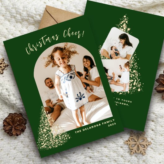 ゴールドのクリスマスツリーの2枚の写真入り2023年ホリデーカード シーズンカード